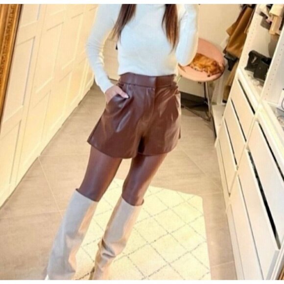 Zara Sz L Brown Faux Leather High Rise Shorts Vegan Stretch Pockets NWT NEW - Picture 5 of 16